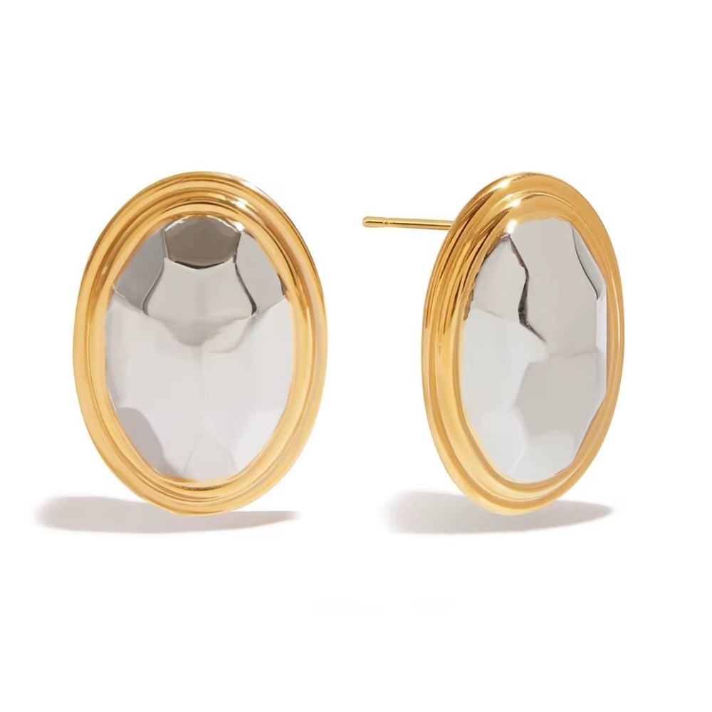 18K Gold Plated Stainless Steel Two Tone Oval Earrings